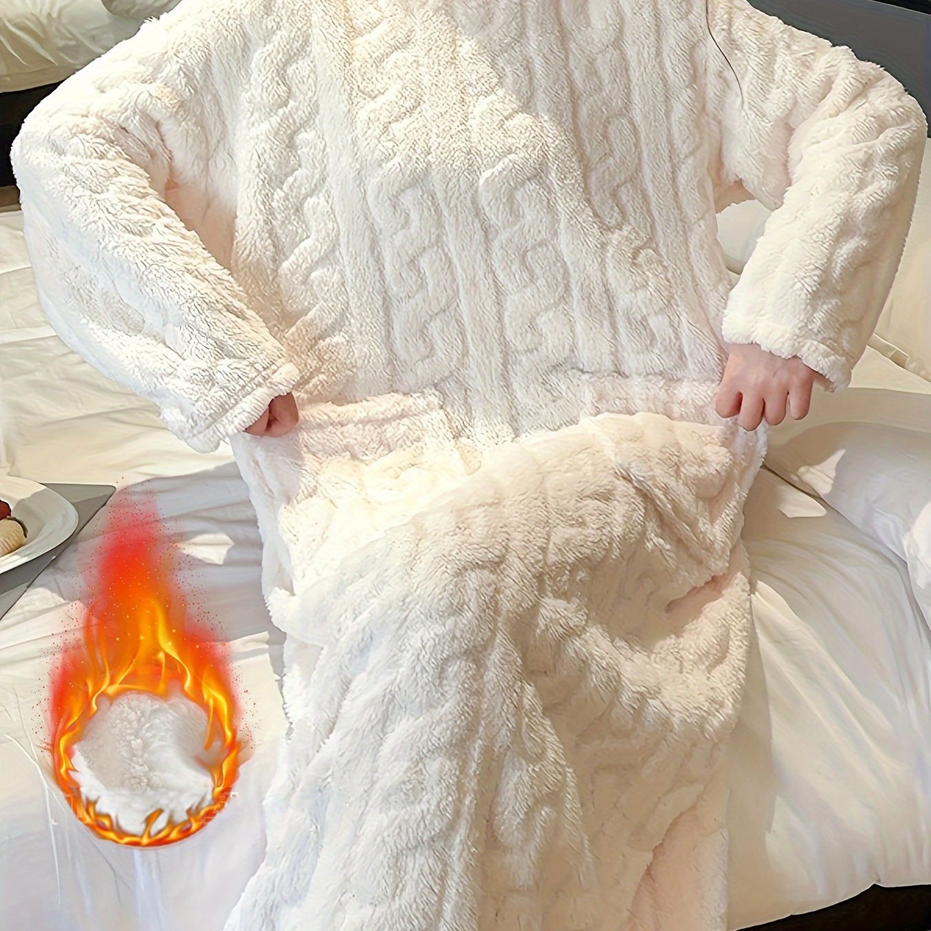 [Warm Fleece Nightgown] Warm Fleece-Lined Women's Long Sleeve Nightgown | Soft Plush Red Round Neck Machine Washable Cozy Pregnancy Pajama Dress for Fall & Winter, Maternity Pajamas, Casual Homewear