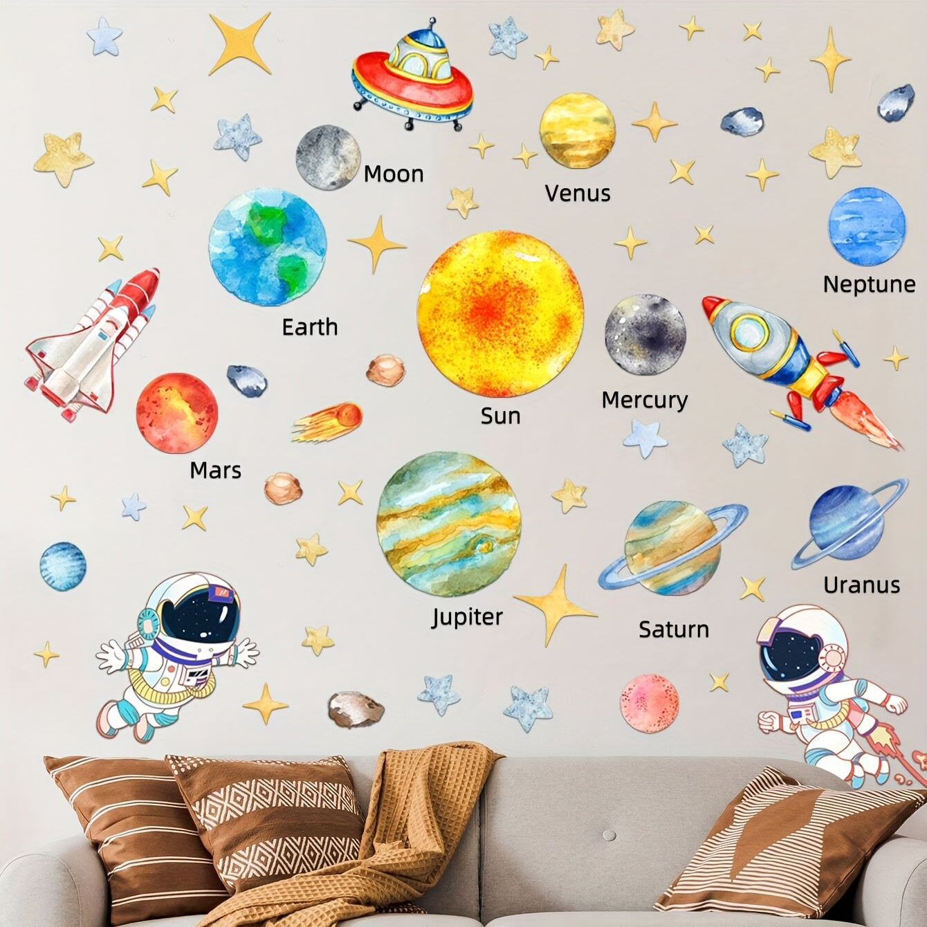 Nine Planets in the Solar System Wall Stickers for Bedroom and Living Room Decoration Space Astronaut Stickers