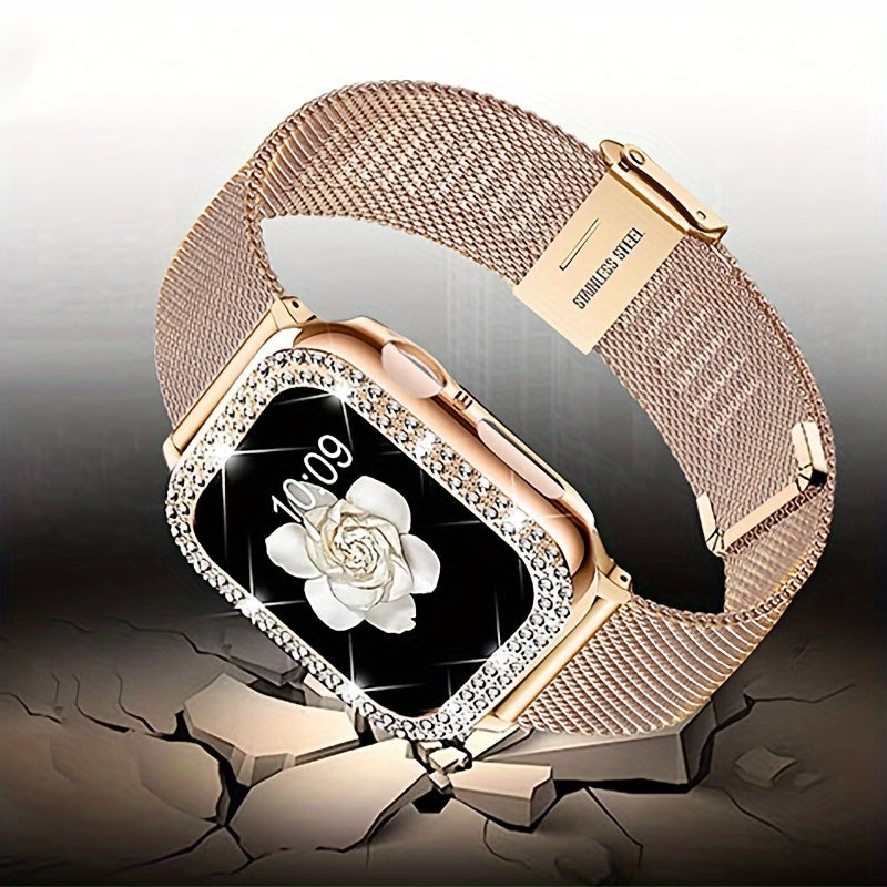 Dial Milan + Diamond Shell Golden Black Rose Golden Breathable Stainless Steel Braided Mesh Metal Strap Adjustable Suitable for iWatch series se s9 8 7 6 5 4 3 2 1 Series 2pcs Combination High-end Luxury Anti-collision Anti-scratch PC Hard Material Inlaid
