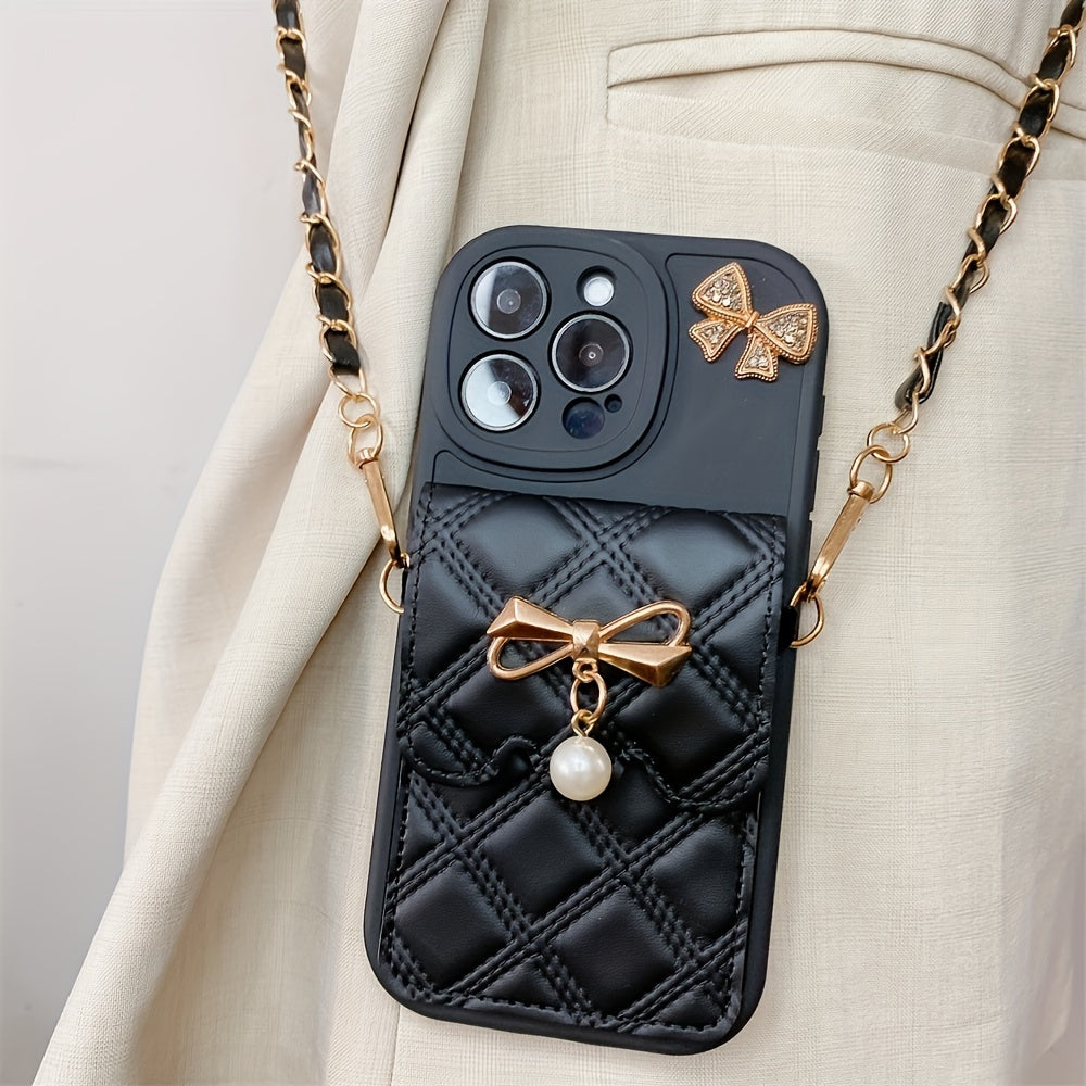Diamond Grid Bow Card Phone Case Suitable for iPhone 15Promax/14plus with Lanyard Can Be Carried Obliquely 12pro/13promax Full Cover 12Mini/13Mini Soft Case 11 Protective Case Coin Purse