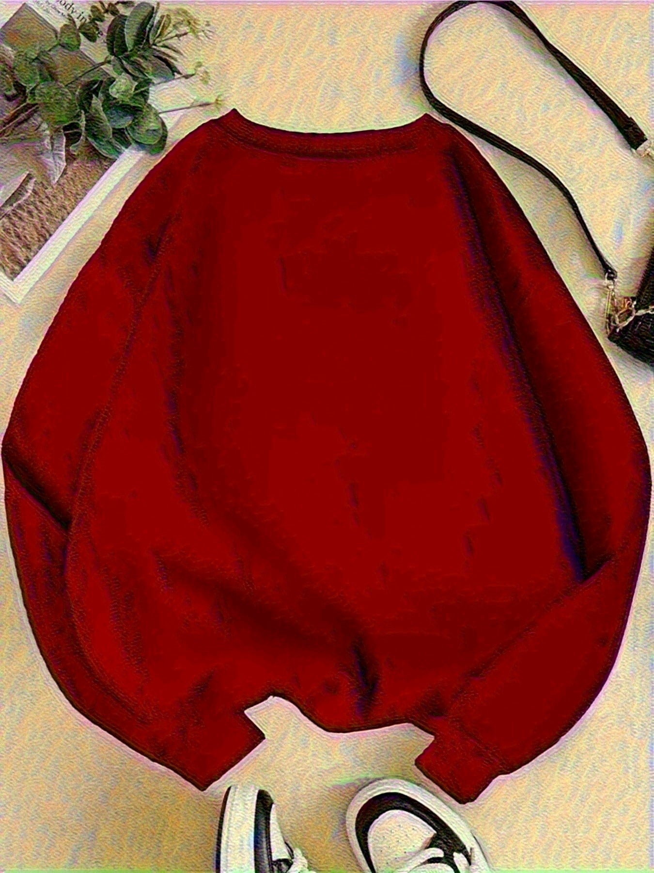 1pc Graphic Print Oversized Sweatshirt - Women'S Casual Long Sleeve Fleece-Lined Crew Neck Pullover, Soft & Cozy, Maroon with Pink & White Design, Perfect for Fall/Winter, Oversized Sweatshirt