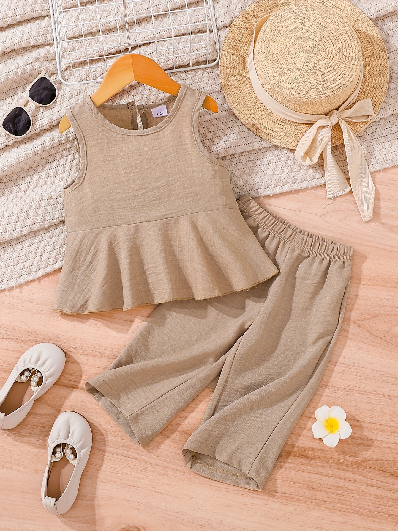 2pcs Young Girl Beach Vacation Set: Sleeveless Ruffle Hem Shirt + Wide Leg Pants, Sister Outfit, Perfect for Outdoor