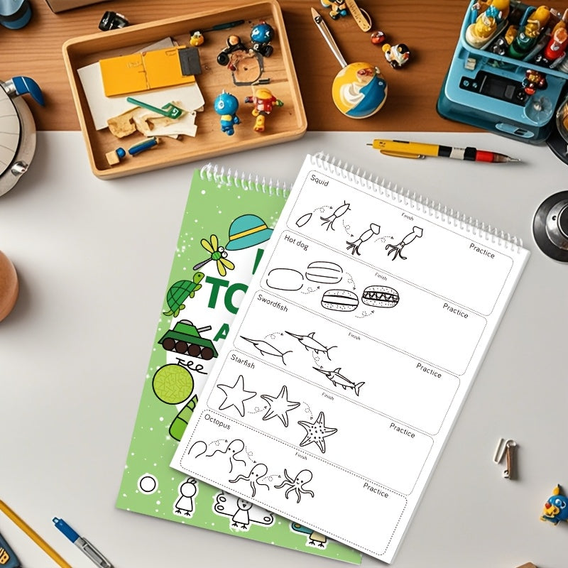 1pc Green Stick Figure Drawing Book for Youngsters - 300+ Step-by-Step Art & Education Toy, Learning Painting Supplies with Cartoon Dinosaur & Frog Designs, Perfect for Creative Writing & Coloring, Youngsters Drawing Book | Playful Design | Spiralbound Bo
