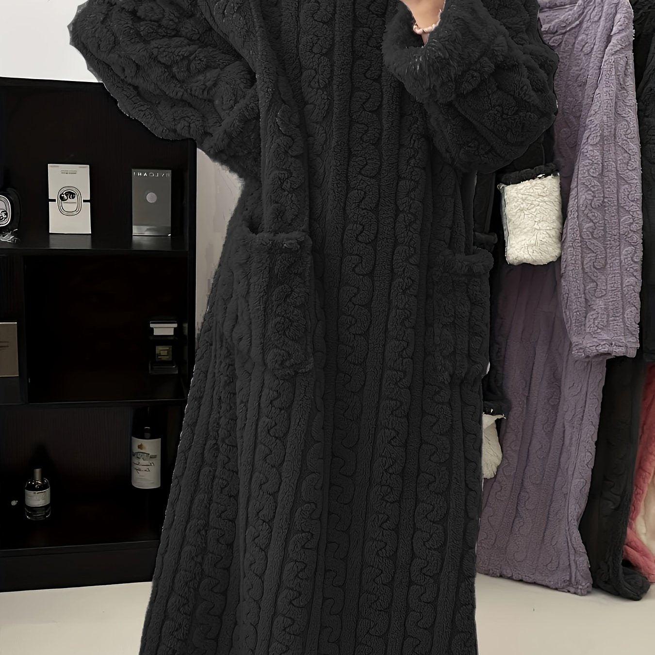 [Warm Fleece Nightgown] Warm Fleece-Lined Women's Long Sleeve Nightgown | Soft Plush Red Round Neck Machine Washable Cozy Pregnancy Pajama Dress for Fall & Winter, Maternity Pajamas, Casual Homewear