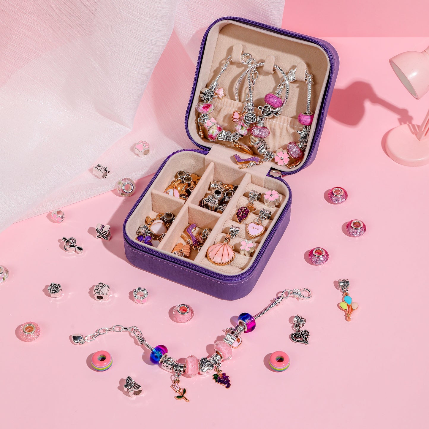 Charm bracelet making kits for girls DIY beads jewelry for gilrs crafts DIY bracelet with pink Faux Leather gift box