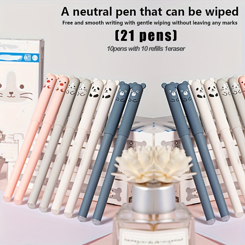 21pcs/set Erasable Bear Animal Gel Pens Easy to Erase 0.35mm Black and Blue Gel Pen Refills Animal Writing Stationery Office Supplies
