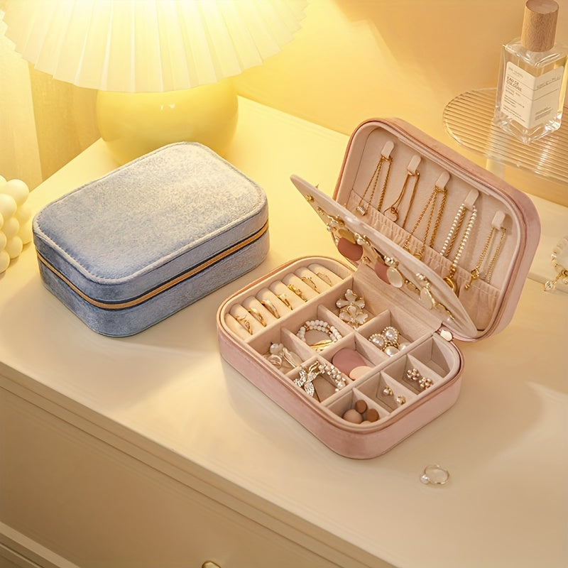 1pc Glam Style 3-Layer Velvet Jewelry Box with Zipper Closure - Multipurpose Rectangular Organizer with Necklace Hooks for Earrings, Necklaces, Rings, Watches, Hair Accessories - Ideal for Travel & Home Storage - Perfect for Christmas, New Year, Valentine