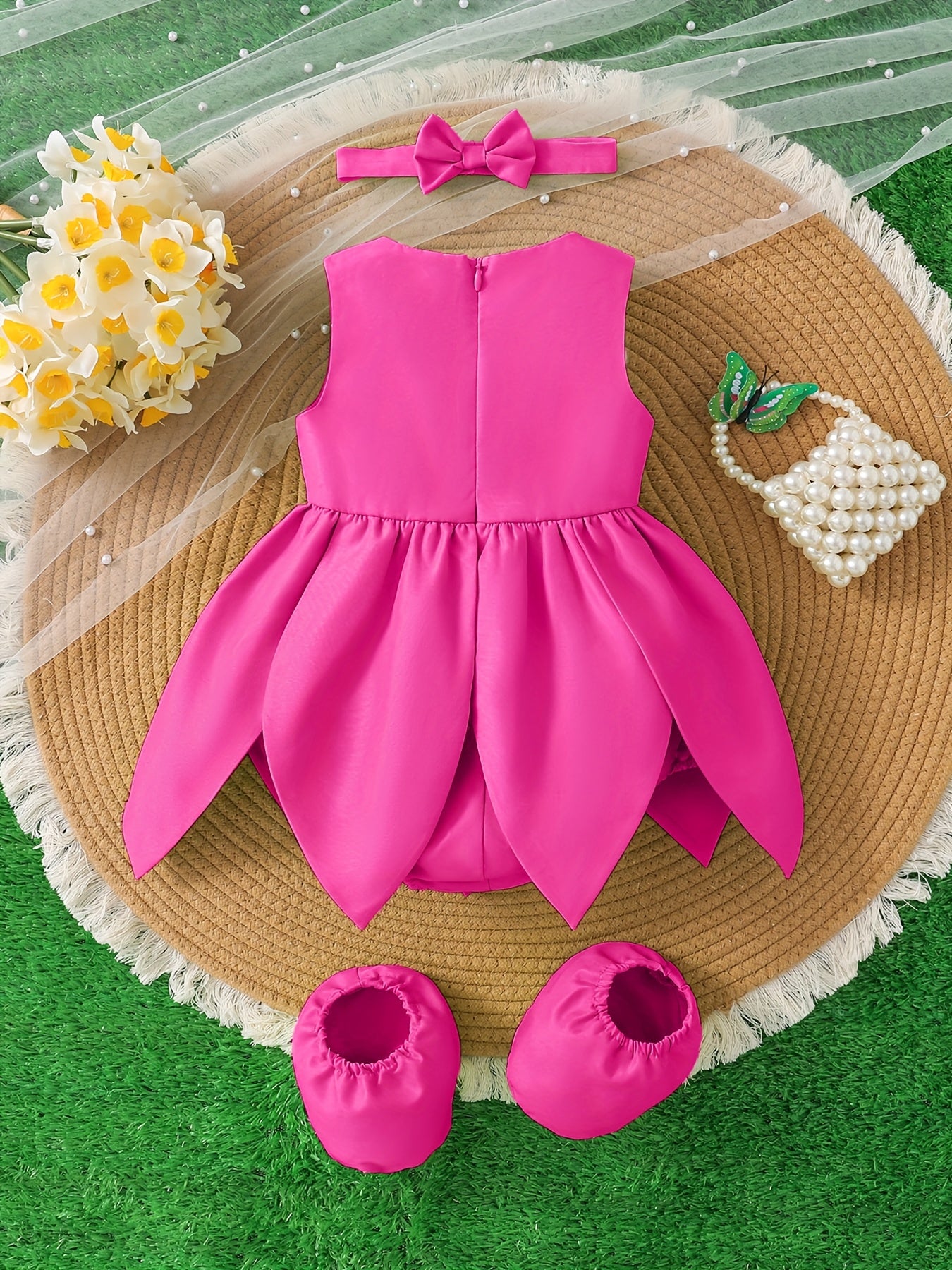 [Cute Fairy Dress] Summer Cute Green Fairy Princess Petal Dress Set for Baby Girl | Sleeveless Top with Ruffled Skirt, Matching Headband & Hair Accessories, Soft Non-Stretch Fabric