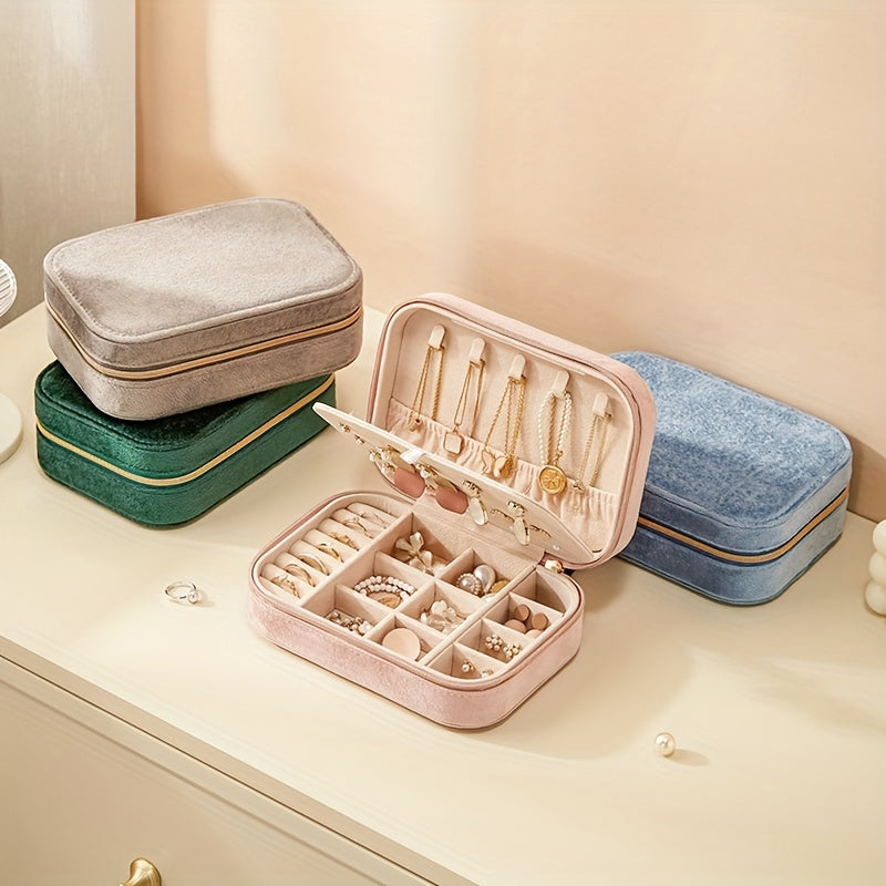 1pc Glam Style 3-Layer Velvet Jewelry Box with Zipper Closure - Multipurpose Rectangular Organizer with Necklace Hooks for Earrings, Necklaces, Rings, Watches, Hair Accessories - Ideal for Travel & Home Storage - Perfect for Christmas, New Year, Valentine