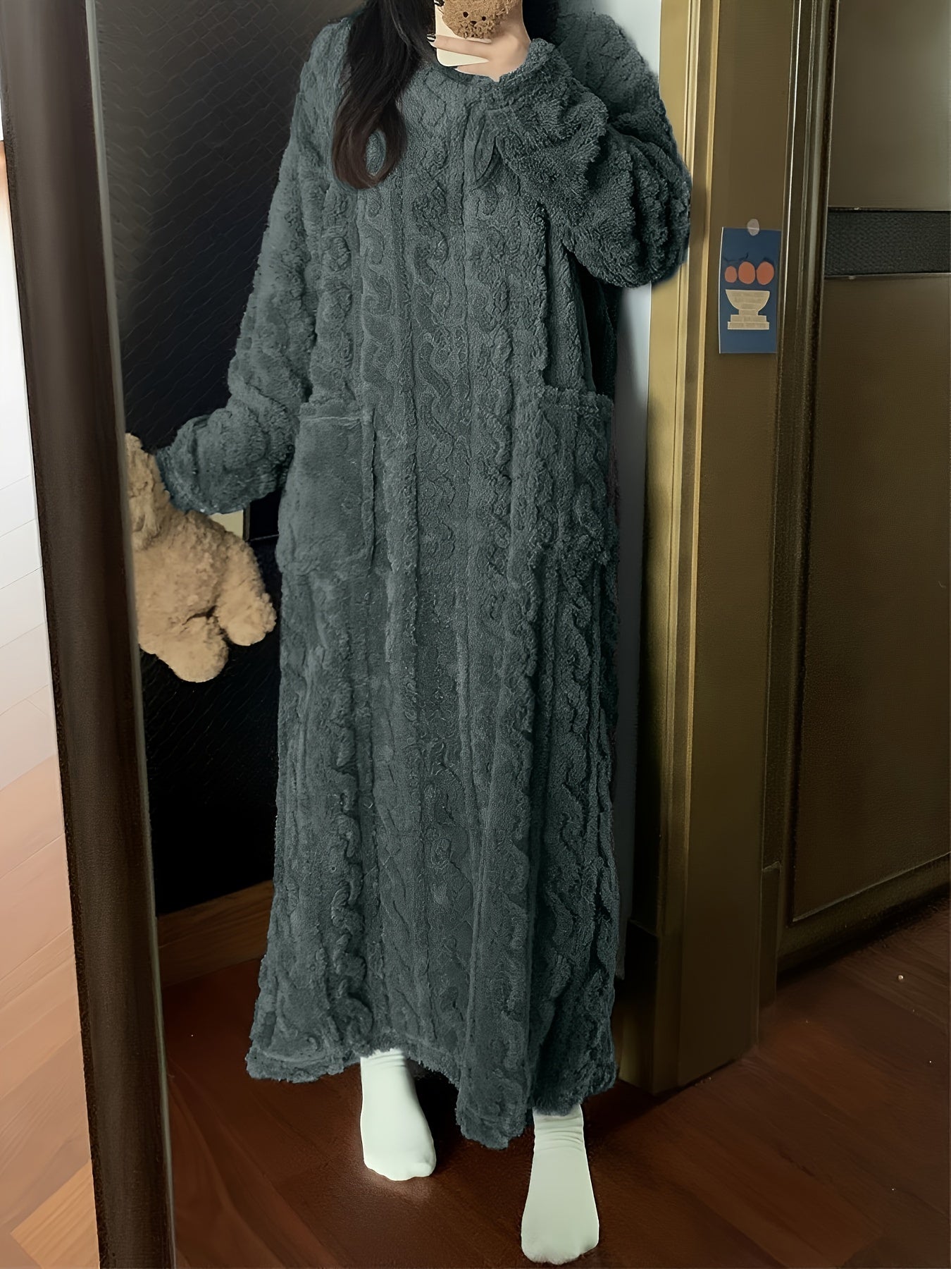 [Warm Fleece Nightgown] Warm Fleece-Lined Women's Long Sleeve Nightgown | Soft Plush Red Round Neck Machine Washable Cozy Pregnancy Pajama Dress for Fall & Winter, Maternity Pajamas, Casual Homewear