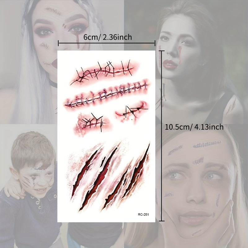 24 Sheets Halloween 3D Fake Scar Temporary Tattoos for Adults - Realistic Bloody Wound Designs for Face & Body, Perfect for Horror Cosplay, Masquerade Party, and Prank Makeup, Party Body Art | Graphic Tattoos | Detailed Tattoo Designs