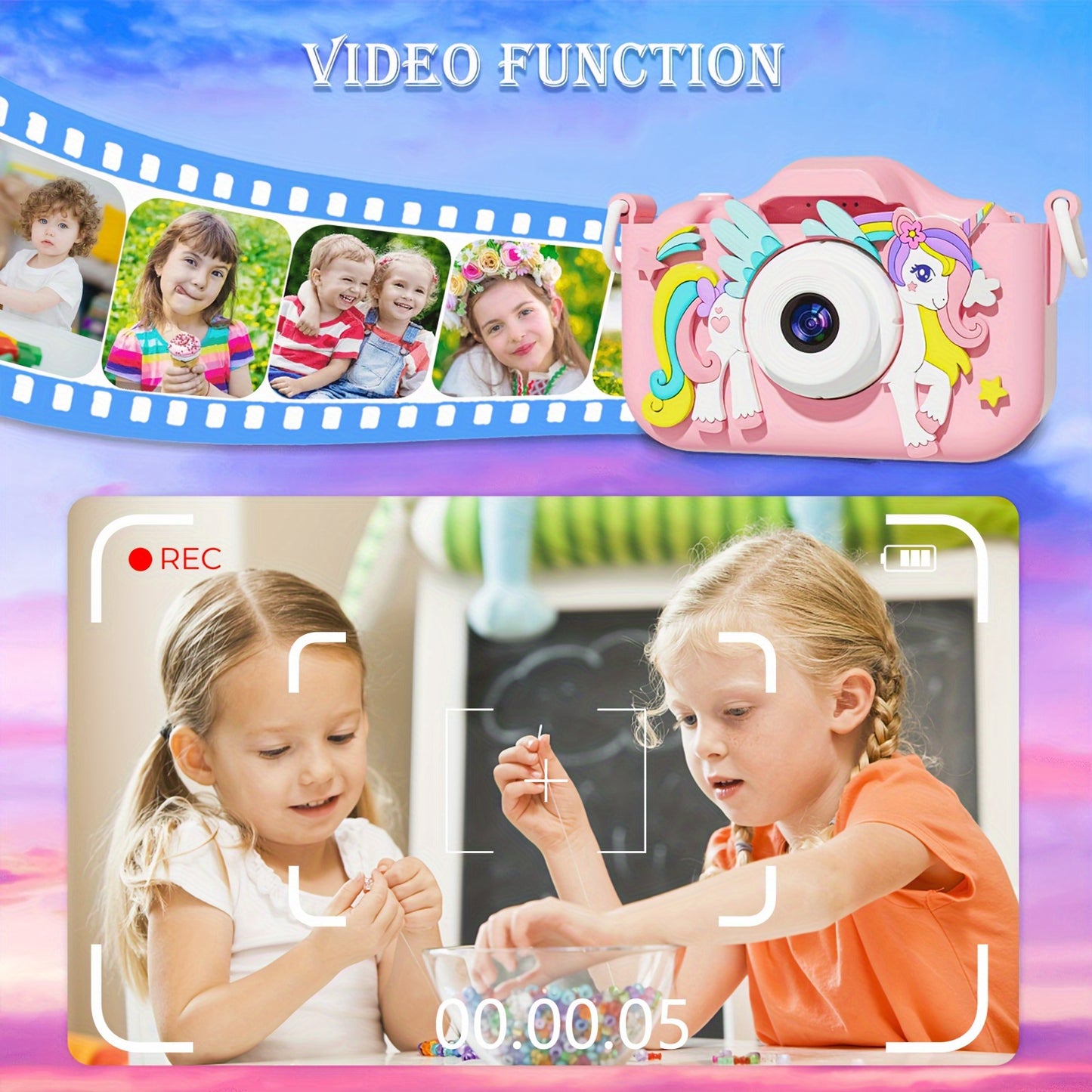 Unicorn-Themed Youngsters' HD Digital Camera with Front & Rear Lenses, Rechargeable Portable Toy with Video Games, 32GB Storage, USB Charging, Bright Pink/Purple, Perfect Birthday Gift for Boys & Girls Ages 3-12, Youngsters's Digital Camera | Whimsical De