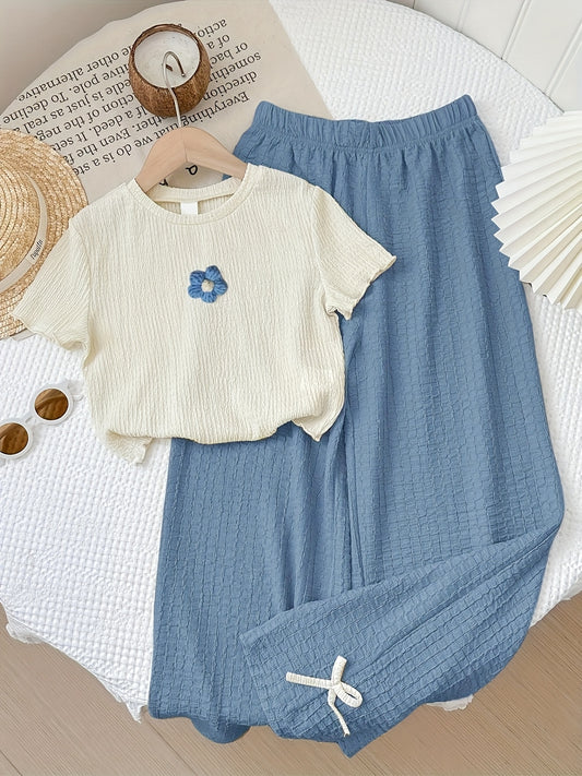 [Girls' Two-Piece Set] Girls' - Floral - Round Neck - Short Sleeve Top - Elastic Waist - Wide Leg Pants - Comfortable - Casual - Two-Piece Set - for Summer - Perfect - for Outdoor