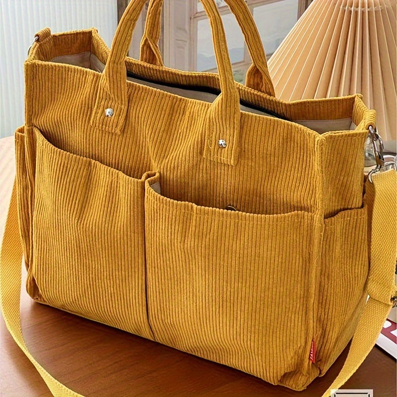 [Multi-Pocket Corduroy Tote Bag] Chic Corduroy Tote Bag for Women - Multi-Pocket, Thickened Design with Striped Pattern, Black | Casual & Artistic Crossbody Shoulder Handbag, Harajuku, Autumn Winter, Student