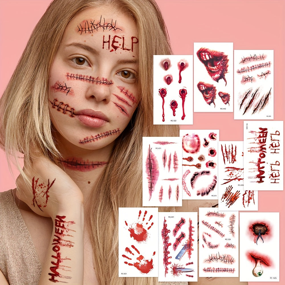 24 Sheets Halloween 3D Fake Scar Temporary Tattoos for Adults - Realistic Bloody Wound Designs for Face & Body, Perfect for Horror Cosplay, Masquerade Party, and Prank Makeup, Party Body Art | Graphic Tattoos | Detailed Tattoo Designs