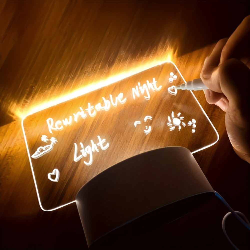 USB-Powered LED Message Board Night Light with Pen - Modern Acrylic Surface for Notes, Stars & Hearts Design, Warm White Light Bedroom Decor, Gift for Girlfriend, Wife, Anniversary, Ambient Lighting, Creative LED Lighting, Smooth Writing Surface