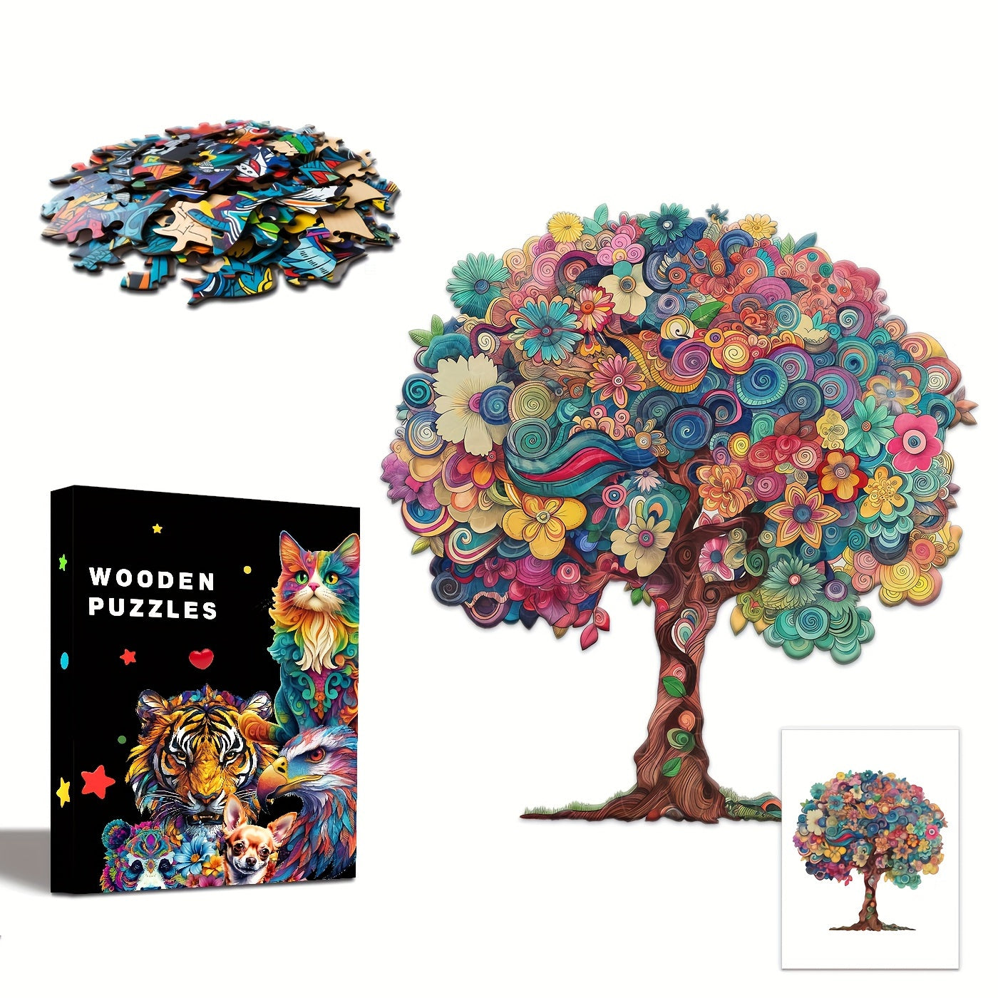 Wooden Jigsaw Puzzle for Adults - Floral Tree of Life with Irregular Animal-Shaped Pieces, Vibrant Artwork, Challenging Brain Teaser & Unique Gift for Focus & Creativity, Decorative Art Painting, Creative Focus Exercise | Intricate Craftsmanship, Wooden P