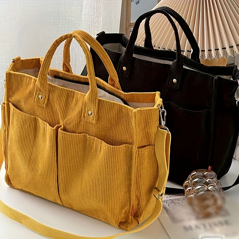 [Multi-Pocket Corduroy Tote Bag] Chic Corduroy Tote Bag for Women - Multi-Pocket, Thickened Design with Striped Pattern, Black | Casual & Artistic Crossbody Shoulder Handbag, Harajuku, Autumn Winter, Student