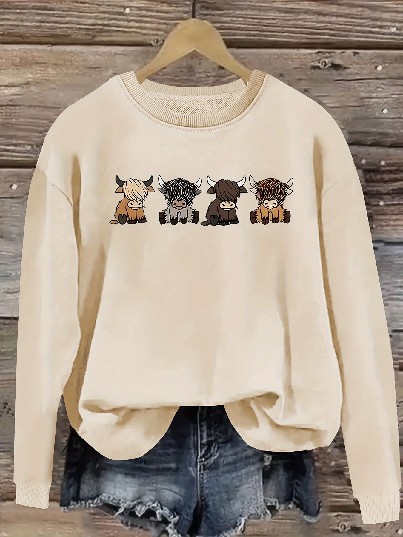 Women's Casual Long Sleeve Round Neck Sweatshirt - Cute Cartoon Cow Print Pullover, Cozy Beige Fall Winter Top, Machine Washable Regular Fit, Autumn Apparel, Comfortable Wear