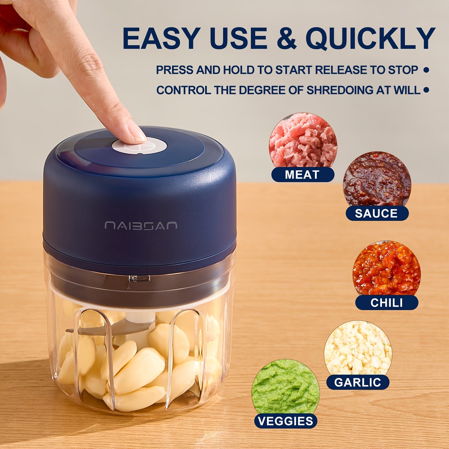 Naibsan Electric Food Shredder, Mini Meat Grinder, Garlic Puree Maker, USB Charging, 5000rpm, 251ml Capacity, Portable Kitchen Gadget for Minced Meat, Vegetable, Onion, Ginger, Chili, Rechargeable Lithium Battery