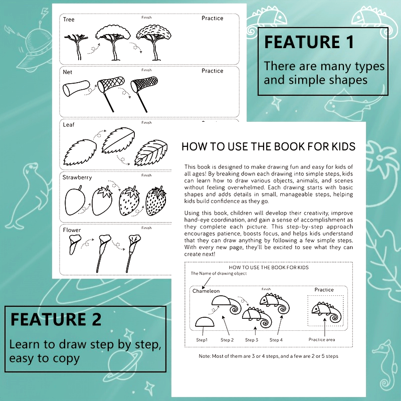 1pc Green Stick Figure Drawing Book for Youngsters - 300+ Step-by-Step Art & Education Toy, Learning Painting Supplies with Cartoon Dinosaur & Frog Designs, Perfect for Creative Writing & Coloring, Youngsters Drawing Book | Playful Design | Spiralbound Bo