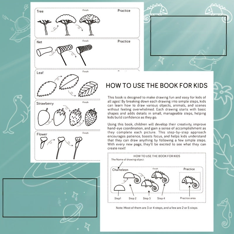 1pc Green Stick Figure Drawing Book for Youngsters - 300+ Step-by-Step Art & Education Toy, Learning Painting Supplies with Cartoon Dinosaur & Frog Designs, Perfect for Creative Writing & Coloring, Youngsters Drawing Book | Playful Design | Spiralbound Bo