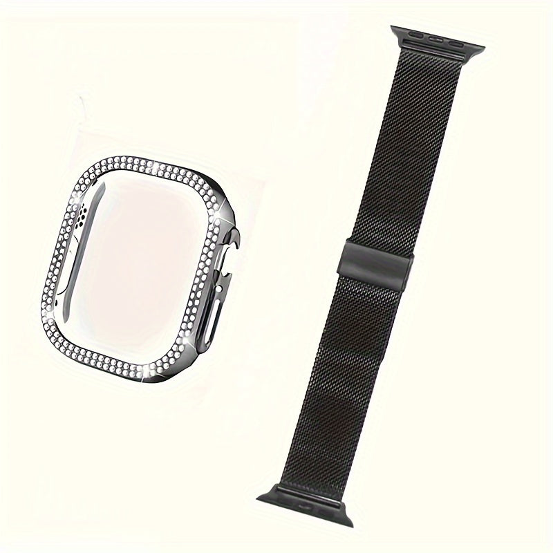Dial Milan + Diamond Shell Golden Black Rose Golden Breathable Stainless Steel Braided Mesh Metal Strap Adjustable Suitable for iWatch series se s9 8 7 6 5 4 3 2 1 Series 2pcs Combination High-end Luxury Anti-collision Anti-scratch PC Hard Material Inlaid