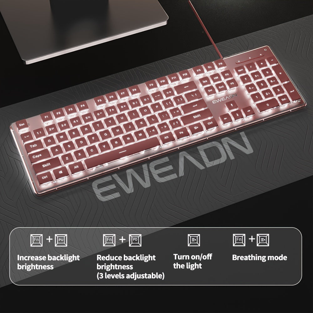 [Aesthetic Keyboard] EWEADN High Aesthetic Keyboard | 104 Keys All-Metal Panel Wired with Cozy keycaps, Mute button, and White Backlit USB - for Games and Office, Windows Laptop PC Pink