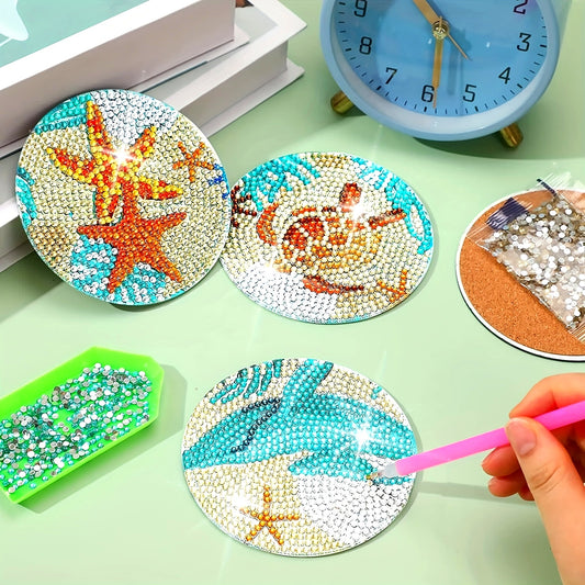 8pcs/set Diamond Painting Kit - DIY White Undersea World Coasters with 10x10cm/3.94x3.94inch Size, Holder, Washable, for Beginners, Adults & Art Craft Supplies