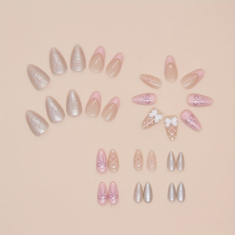 24pcs of Pink Bow Sweet And Cute Push-On False Nails, One Jelly Glue And One Nail File
