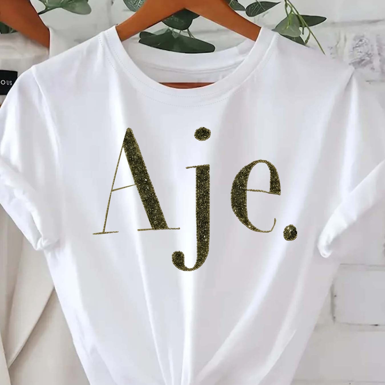 Women's Black Short Sleeve Crew Neck T-Shirt with Golden Glitter AJE Letter Print - Casual All-Season Machine Washable Top, Ladies T Shirts, Everyday Fashion, Trendy Graphic Tee, Comfortable Fit