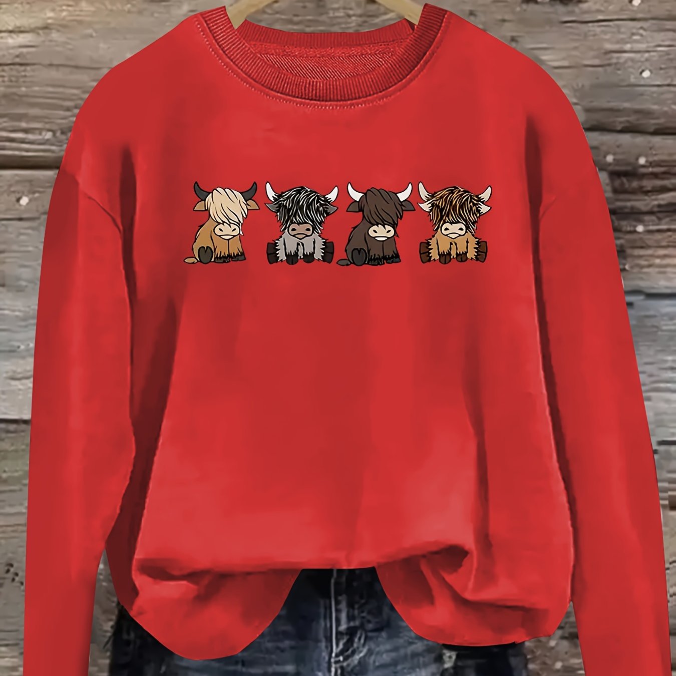 Women's Casual Long Sleeve Round Neck Sweatshirt - Cute Cartoon Cow Print Pullover, Cozy Beige Fall Winter Top, Machine Washable Regular Fit, Autumn Apparel, Comfortable Wear