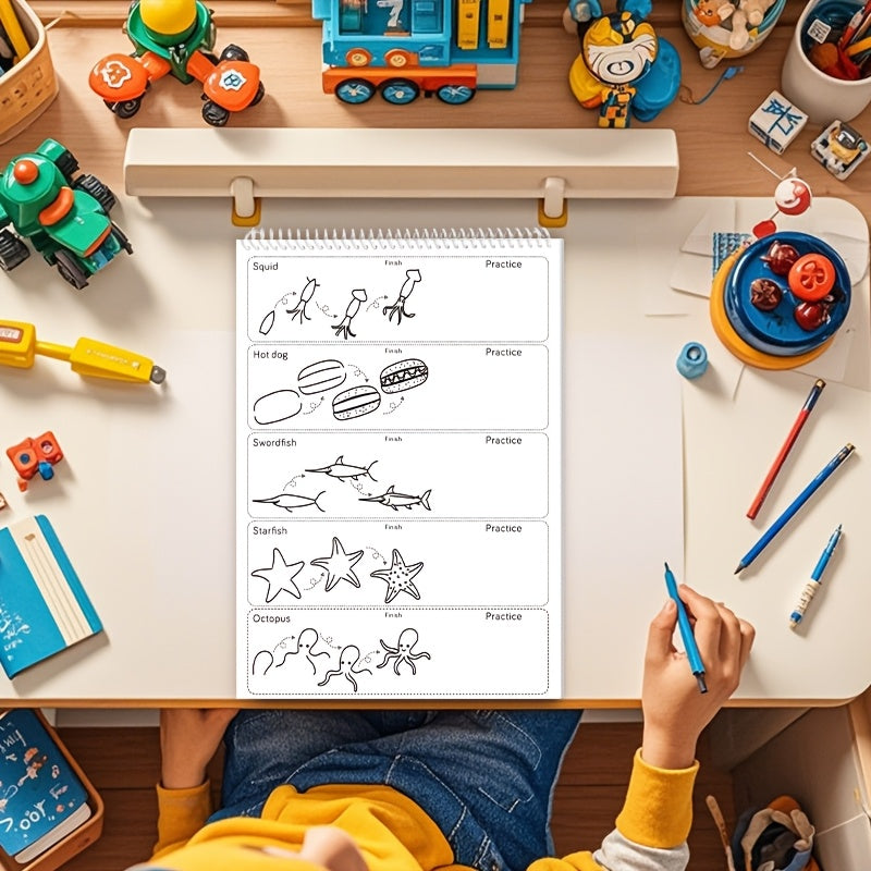 1pc Green Stick Figure Drawing Book for Youngsters - 300+ Step-by-Step Art & Education Toy, Learning Painting Supplies with Cartoon Dinosaur & Frog Designs, Perfect for Creative Writing & Coloring, Youngsters Drawing Book | Playful Design | Spiralbound Bo