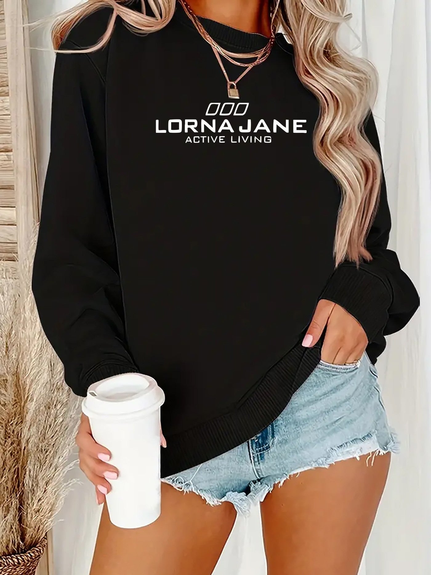 Women'S Green "Lorna Jane Living" Graphic Sweatshirt - Casual Long Sleeve Crewneck, Machine Washable Polyester, Perfect for Fall/Winter, Ladies Sweaters