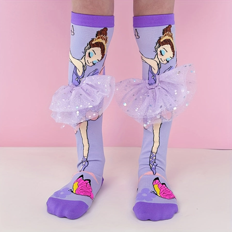 A pair of cartoon purple ballet girl knee-high socks, suitable for daily wear, vacation wear, party wear, suitable for holiday gifts