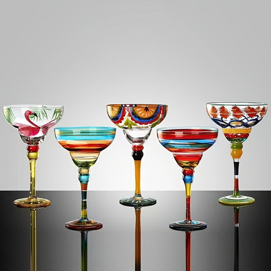 [Hand-Painted Margarita Glasses] Colorful Hand-Painted Margarita Glasses | Unique Floral & Geometric Design Cocktail Goblets for Home Bars | Hand Wash Only