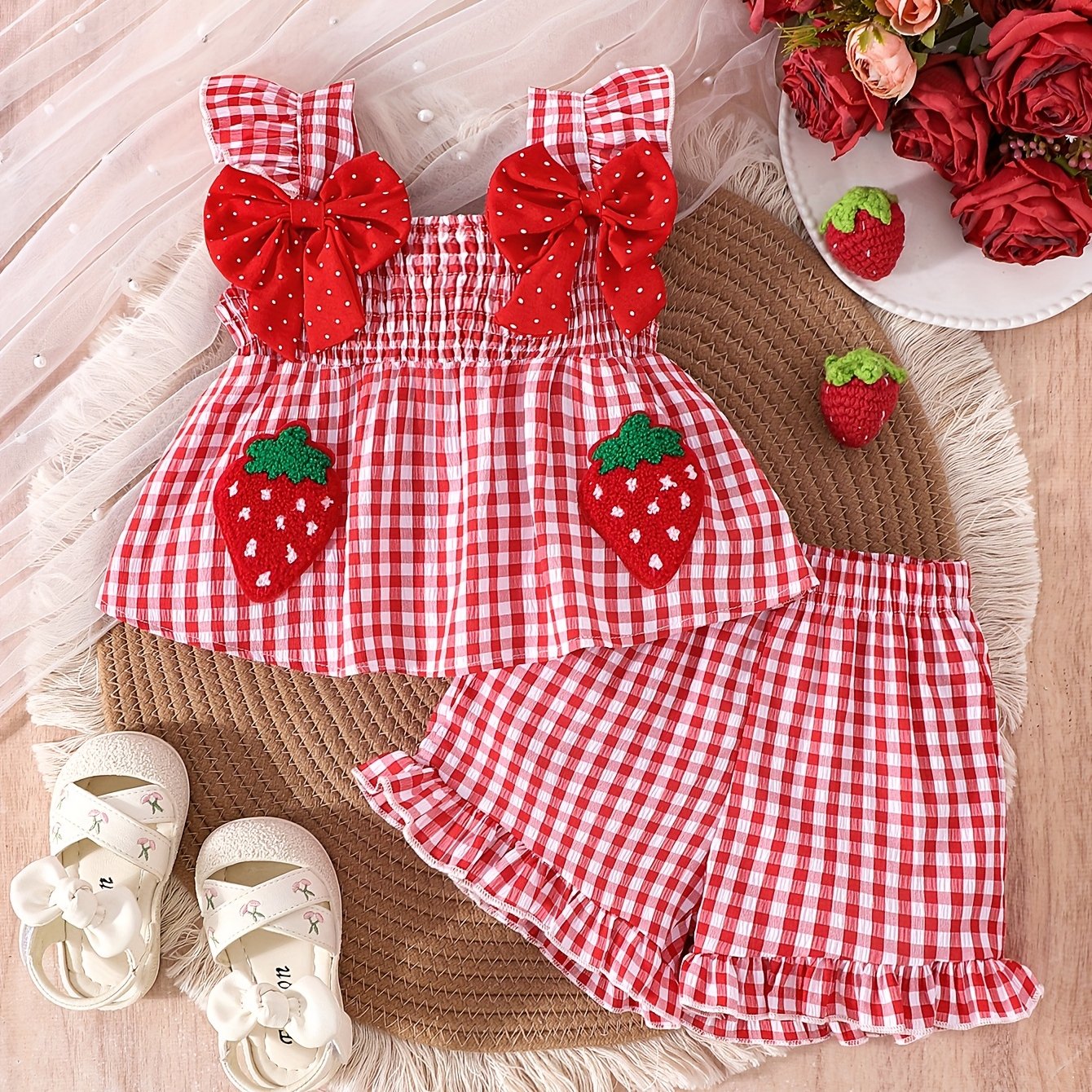 [Cute Summer Set] 2pcs Cute Summer Strawberry Top and Shorts Set | Ruffle Collar, Elastic Waist, Gingham Details, Playful Bow Accents - Outdoor Toddler Outfit