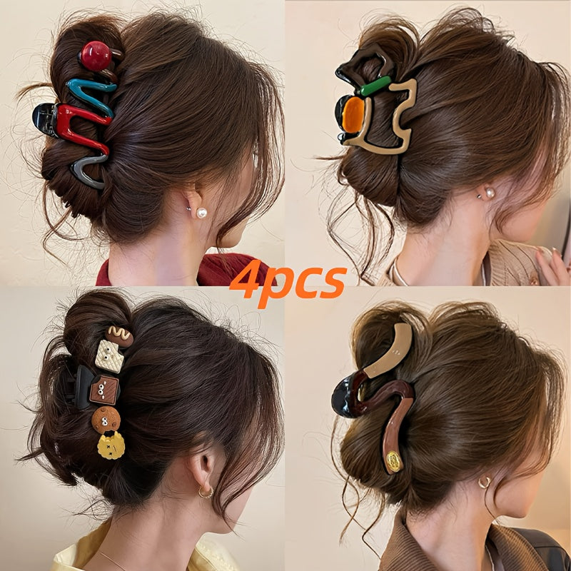 [4pcs Hair Clips] 4pcs Elegant Hair Claw Clips | Chic Wavy Design with Faux Pearl & Color Accents, Non-Slip Shark Clips for Thick Hair