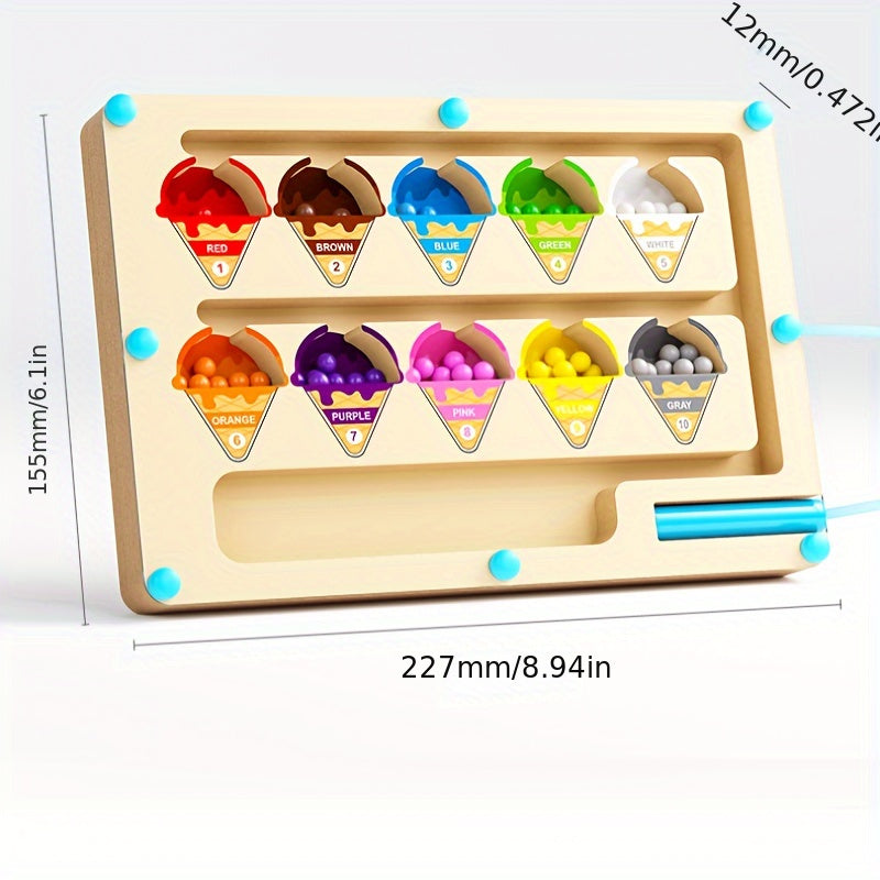 Wooden puzzle maze toy, focusing on training color classification, numerical calculation, suitable for children over three years old to walk in the maze magnetic ice cream Christmas, birthday gifts, Best for Christmas