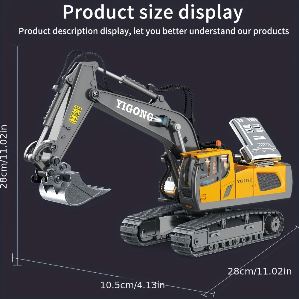 [RC Excavator Toy] 2.4Ghz Remote Control Excavator Toy | for Boys, Kids 6 7 8 9 10 11 Year Old, with Metal Shovel, Lights, Sounds, Turns 680 Degree - Bigger 1/18 Scale RC Construction Toys