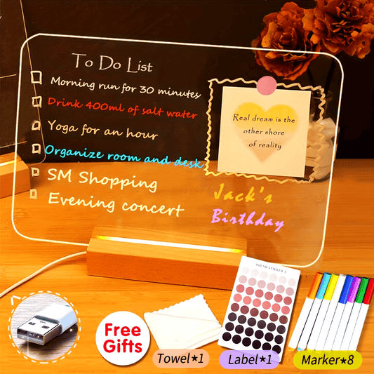 XD-TOPQC Acrylic LED Desk Organizer | USB-Powered Transparent Writing Board with Multi-Color Markers, Eraser Cloth & Labels | Modern Decorative Memo Planner for Home & Office | Includes Towel & Label Stickers | Ideal for to-Do Lists & Birthday Reminders,