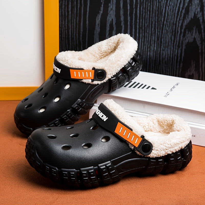 Unisex Winter Fleece-Lined Slip-On Clogs with Removable Plush Inner Lining, Non-Slip EVA Sole & Thick Insulation for Snow & Cold Weather - Beige Casual Shoes for Men and Women, Winter Shoes, Outdoor Footwear, Unique Tread Pattern, Durable Grip Footwear
