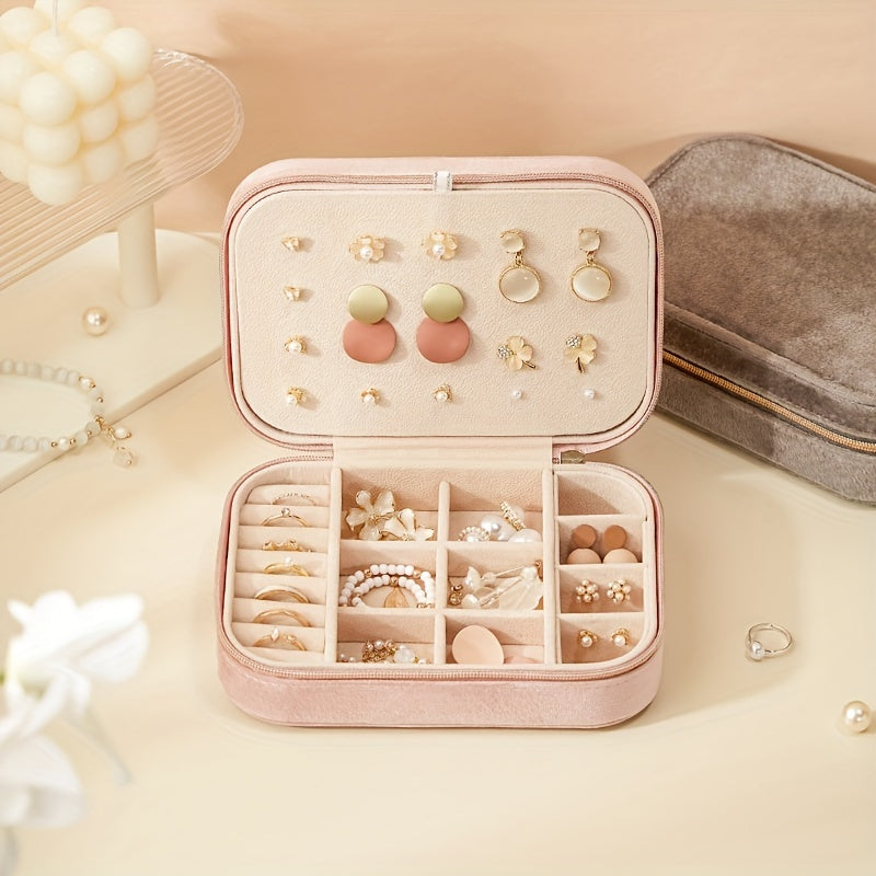 1pc Glam Style 3-Layer Velvet Jewelry Box with Zipper Closure - Multipurpose Rectangular Organizer with Necklace Hooks for Earrings, Necklaces, Rings, Watches, Hair Accessories - Ideal for Travel & Home Storage - Perfect for Christmas, New Year, Valentine
