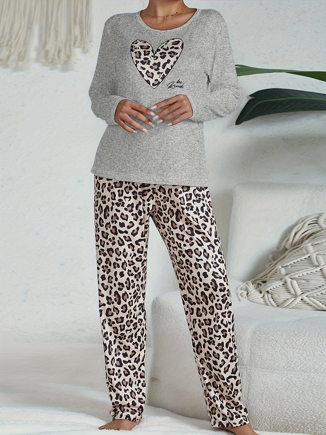Womens Cozy Leopard Print Pajama Set - Comfy Long Sleeve Top with Heart Accent, Soft Pajama Pants - Ideal for Lounge & Sleep