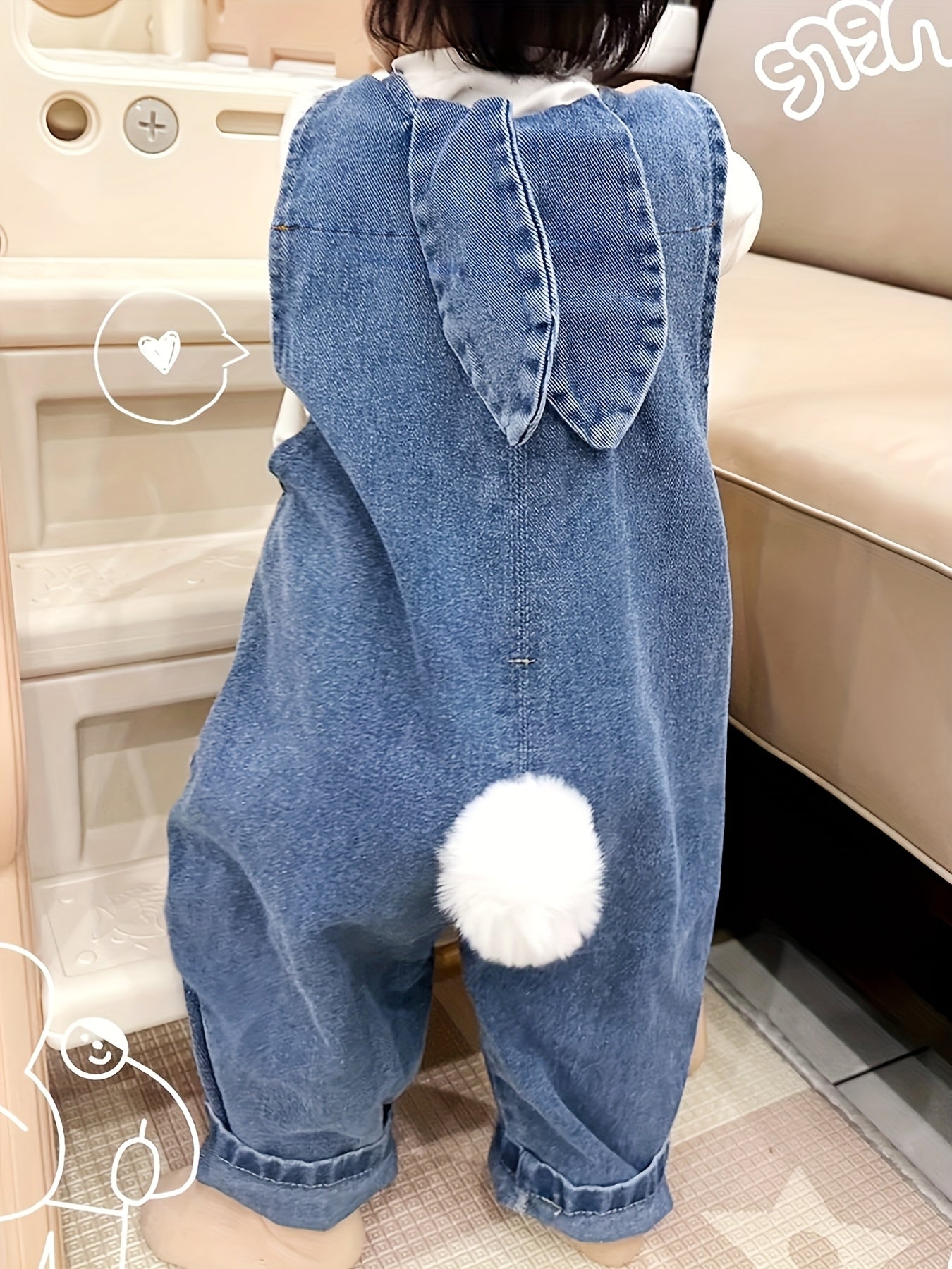 [Light Blue Denim Overalls Casual] Adorable Youngsters' Light Blue Denim Overalls with Rabbit Ear Details - Casual, Loose Fit for Spring & Autumn, Machine Washable, Perfect for Outdoor
