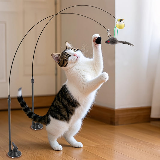 3pcs Cat Toy Stick Set with Simulated Bird and Mouse, Hands-Free Bird Cat Stick Long Pole Dual Rod with Bell Strong Suction Cup Interactive Cat Toy for Kittens Hunting Pet Supplies Accessories Handmade Toy Suitable as a Birthday Gift for Cats Faux Feather
