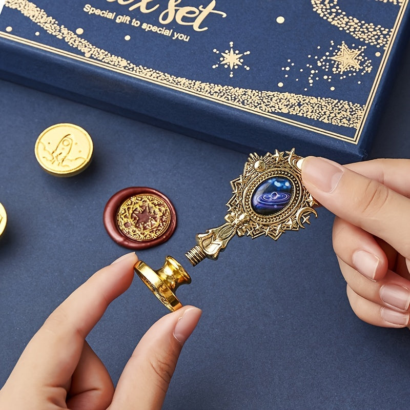 Wax Seal Stamp Kit with Gift Box, with Wax Seal Beads, 3 Wax Seal Stamp, Wax Seal Metallic Pen and Envelope, Wax Seal Kit for Gift and Decoration