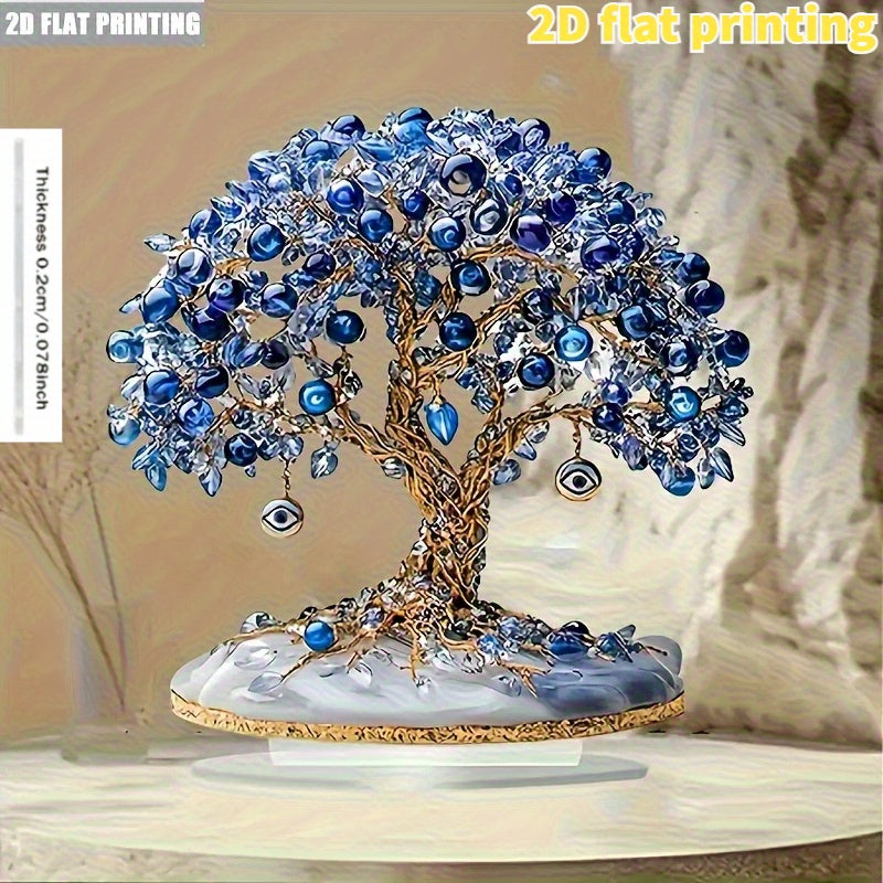 2D Flat, Elegant Turkish Evil Eye Tree Acrylic Desktop Decoration - Blue and Clear Beads, Golden Leaves, Eye Charm Design, No Electricity Required, Suitable for Home, Party, Window Display & Gift Giving, 2D Flat