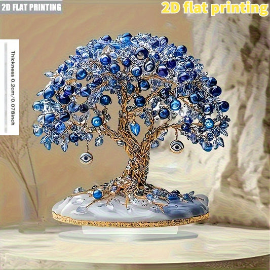 2D Flat, Elegant Turkish Evil Eye Tree Acrylic Desktop Decoration - Blue and Clear Beads, Golden Leaves, Eye Charm Design, No Electricity Required, Suitable for Home, Party, Window Display & Gift Giving, 2D Flat