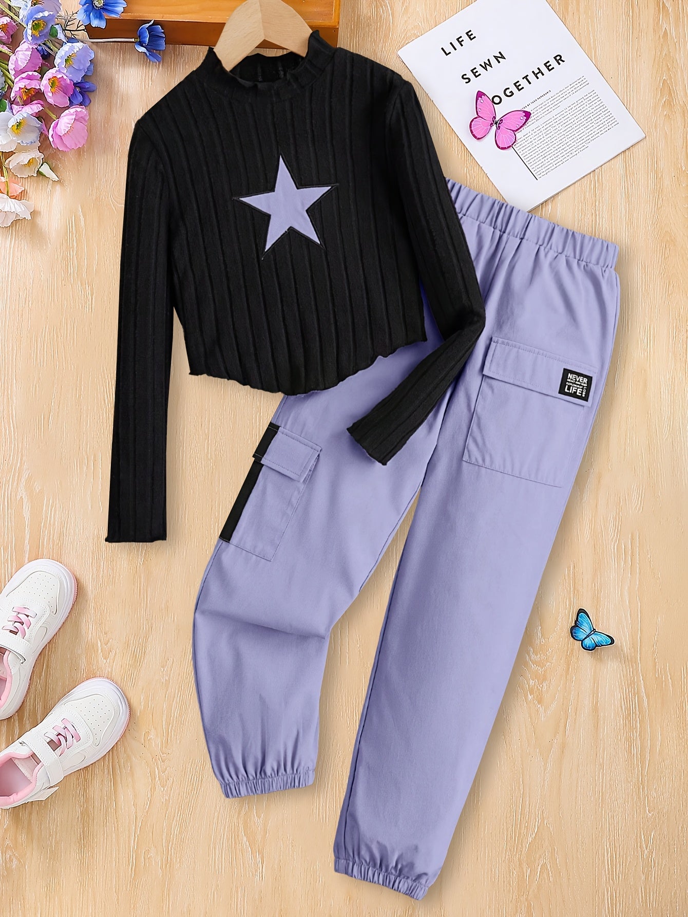 [Girls' Top Set] Girls' Fashion - Cartoon Embroidered Star Long Sleeve Top and Green Overalls Set - Perfect for Outdoor